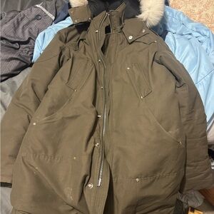 Moose Knuckles Khaki Puffer Jacket with Fur Hood